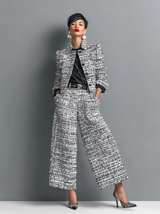 Model in the same cropped jacket and wide-leg trousers in a lighter black-and-white speckled textured weave, hands in pockets. 2