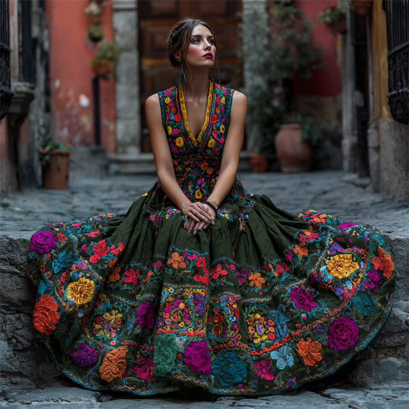 Model seated on a stone step wearing the dress in dark olive green, with bright embroidered flowers across the bodice and full skirt. 4
