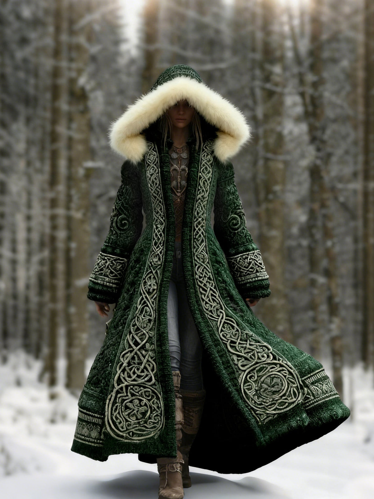 Model in the dark green version of the coat, with cream faux-fur hood, on a snowy forest path 3