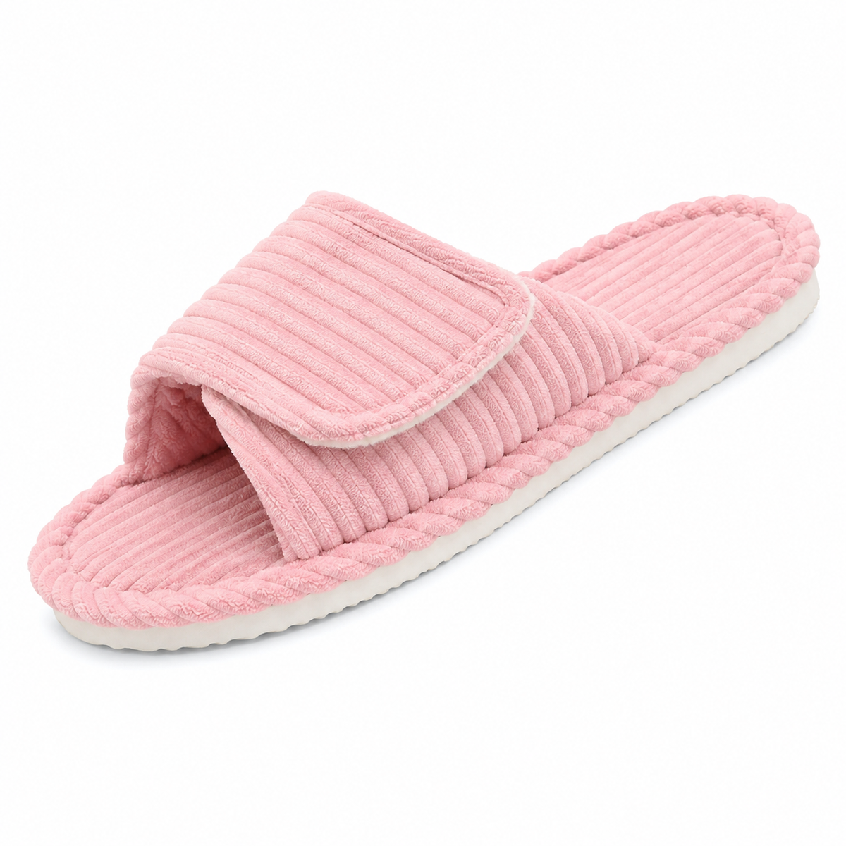 Single pink ribbed open-toe slide slipper with an adjustable strap and a white sole, shown at an angle on white. 10