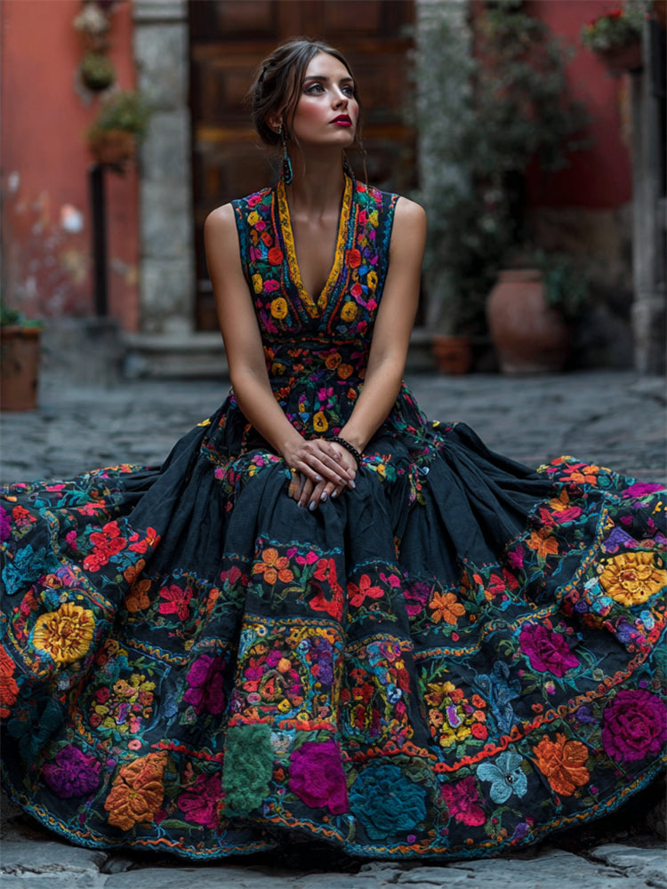 Model seated on cobblestones in a black sleeveless V-neck maxi dress with vivid embroidered flowers across the bodice and full skirt. 1