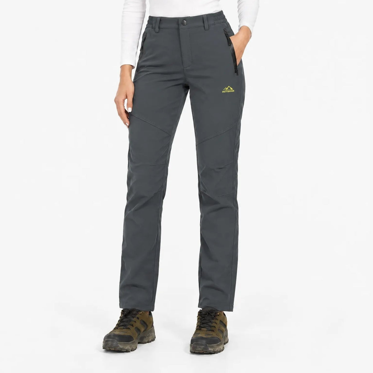 Front view of the trousers in dark charcoal grey with black zip pockets 11