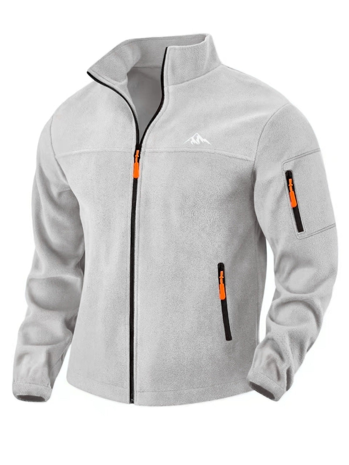 Front view of the light grey fleece jacket with orange zip pulls and a zipped sleeve pocket 3