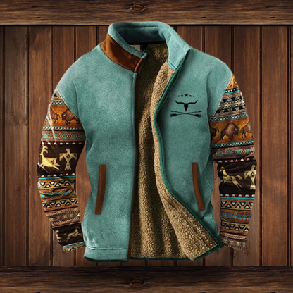 Teal zip-up fleece jacket with patterned animal-motif sleeves and a small chest print, open to reveal the fluffy lining. 4
