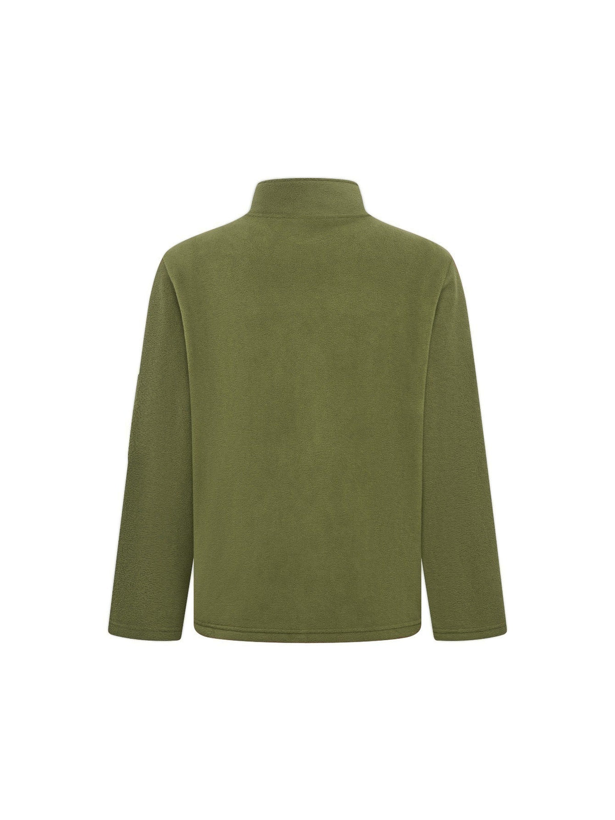 Back view of the olive green fleece jacket, plain with a stand collar 9