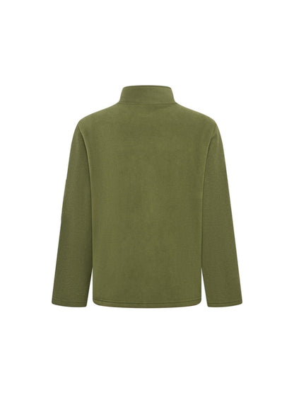 Back view of the olive green fleece jacket, plain with a stand collar 9
