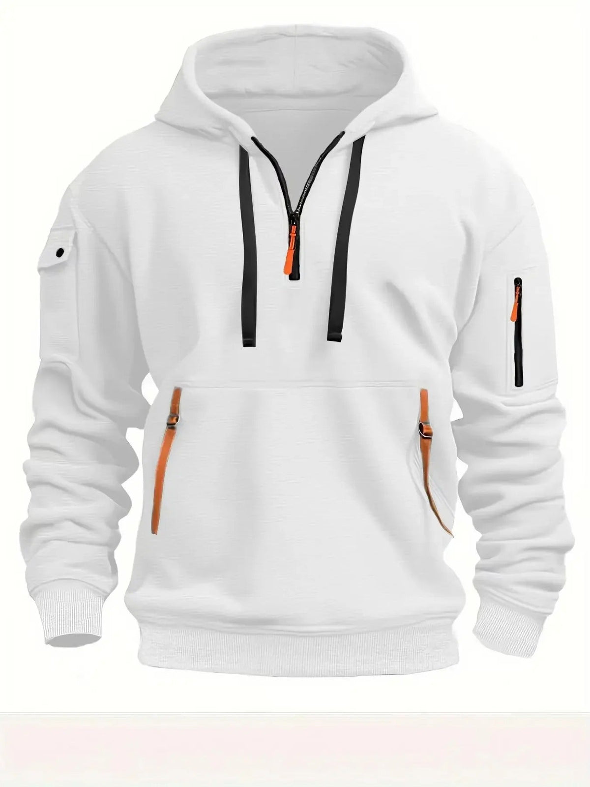 White hooded top, front view, with black drawstrings, orange zip pull and orange pocket tabs on the front pouch 3