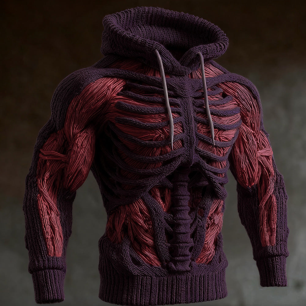 Deep purple version of the knitted hoodie with skeleton ribs, spine and red muscle-pattern arms 4