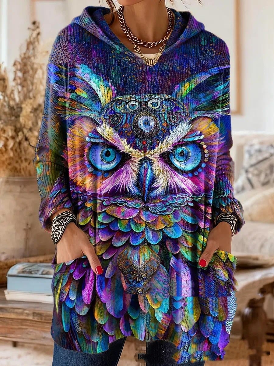 Version with a vivid owl print in blue, purple and gold feather tones across the front, worn with hands in the pockets. 3