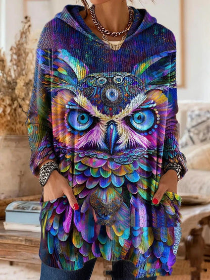 Version with a vivid owl print in blue, purple and gold feather tones across the front, worn with hands in the pockets. 3