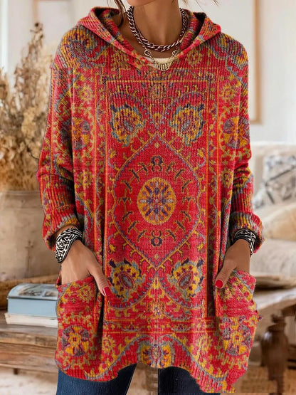 Red version with an ornate yellow and blue medallion print, worn with a chunky chain necklace and hands in the pockets. 4
