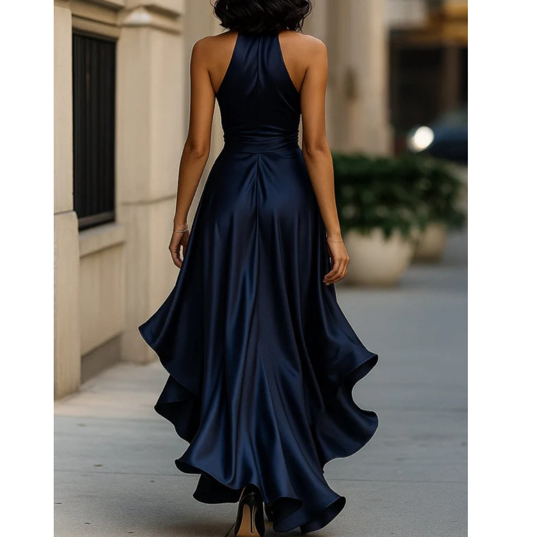 Back view of the navy satin halter dress on a model, showing the high halter neck, open shoulders and flowing ruffled train. 8