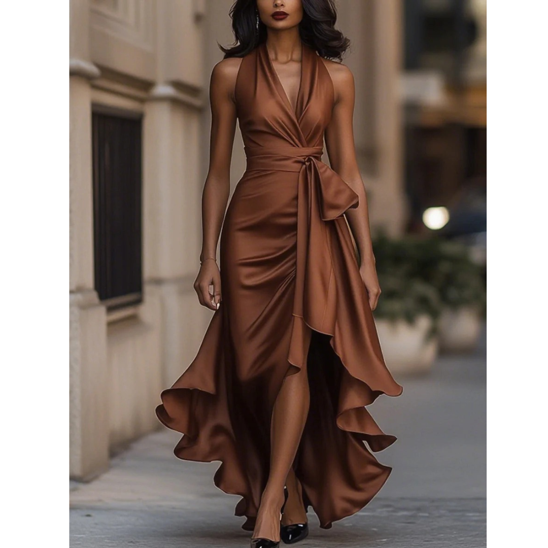 Front view of the halter dress in copper-brown satin on a model, with draped neckline, waist bow and flowing ruffled hem. 5