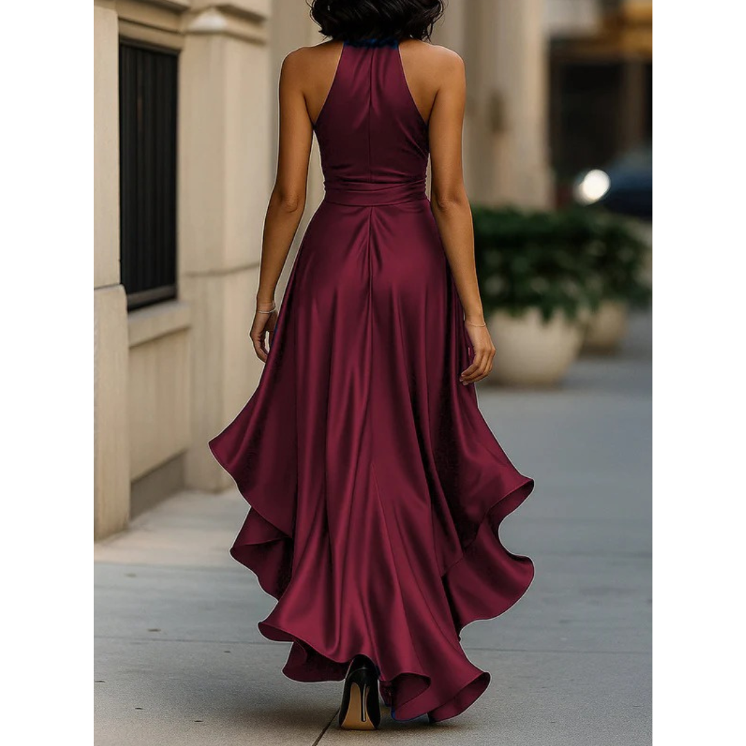 Back view of the burgundy satin dress worn by a model, with halter neck, fitted waistband and wavy ruffle hem. 9