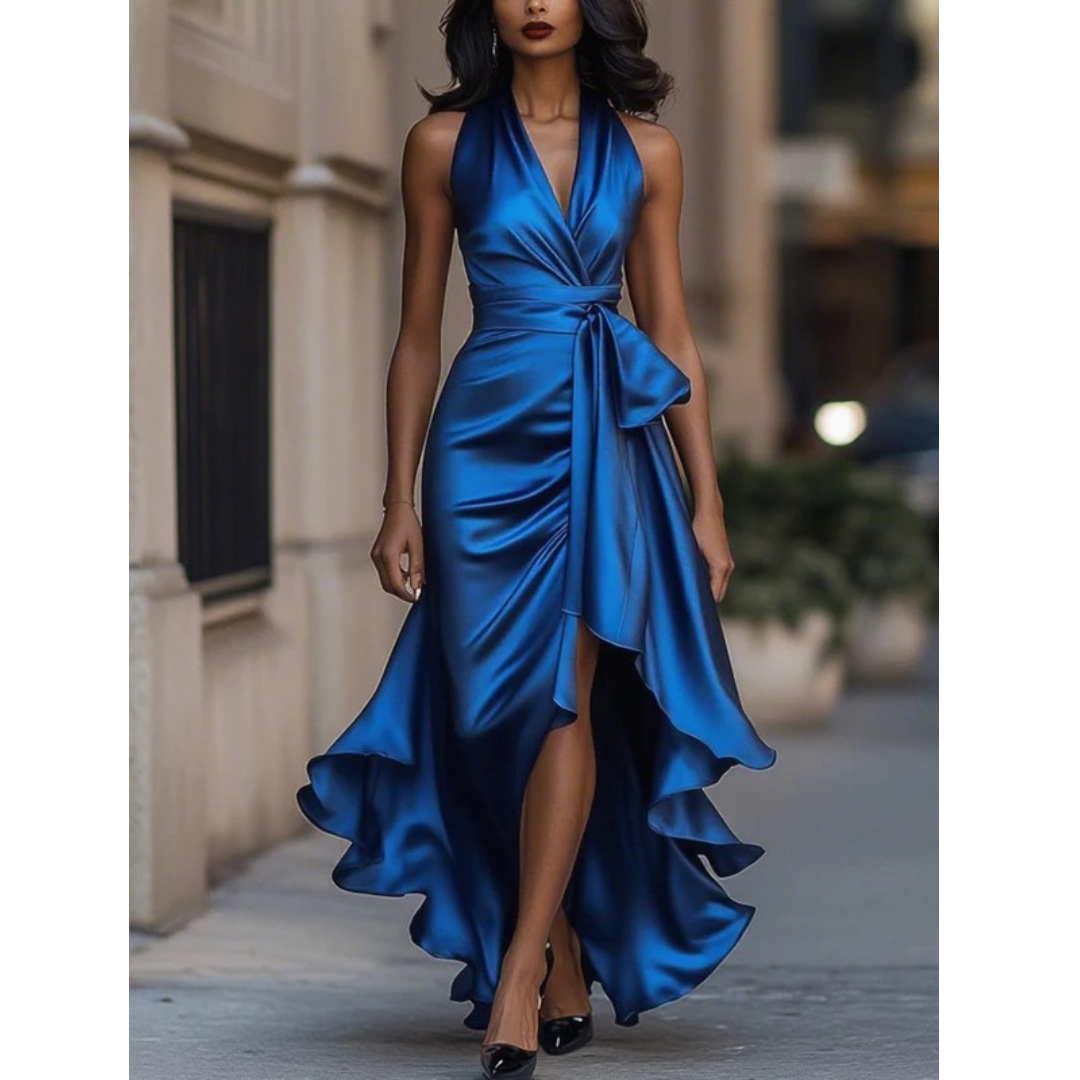 Model wearing the halter dress in bright royal blue satin, front view, with tied waist and cascading ruffle at the slit. 4