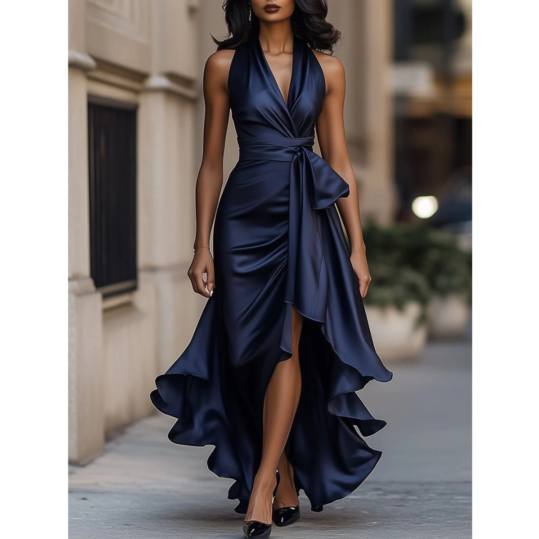 Model wearing the satin halter dress in navy, front view, with draped wrap bodice, waist tie, side slit and ruffled hem. 1