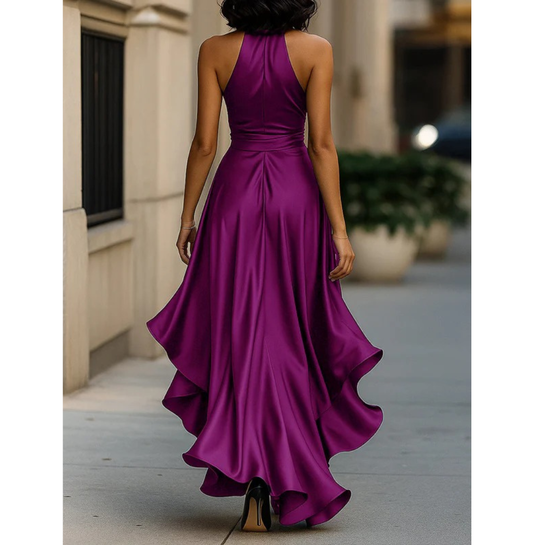 Back view of the plum-purple satin halter dress on a model, showing the fitted bodice and full cascading ruffle skirt. 13