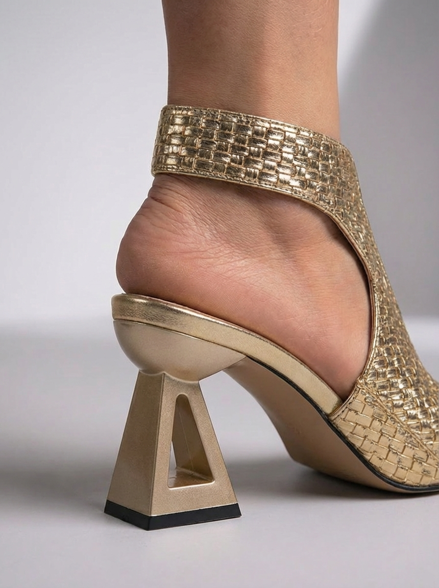Close-up of a gold woven sandal at the heel, showing the ankle strap, woven texture and triangular cut-out heel. 7