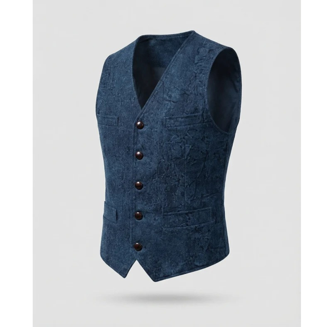 Blue waistcoat shown on its own, angled to display the V-neck, five brown buttons, flap pockets and mottled crinkled texture. 5