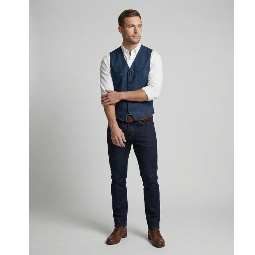Full-length shot of a model in the blue waistcoat, white rolled-sleeve shirt, dark jeans and brown leather boots, arms loosely crossed. 3