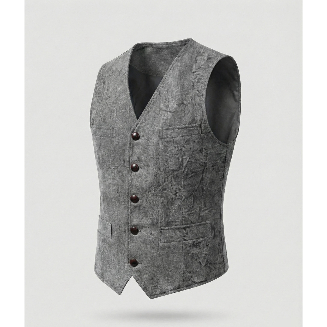 Grey version of the waistcoat shown on its own, with V-neck, five buttons, flap pockets and a mottled crinkled texture. 8