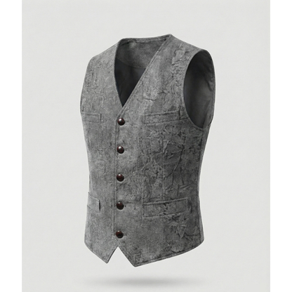 Grey version of the waistcoat shown on its own, with V-neck, five buttons, flap pockets and a mottled crinkled texture. 8