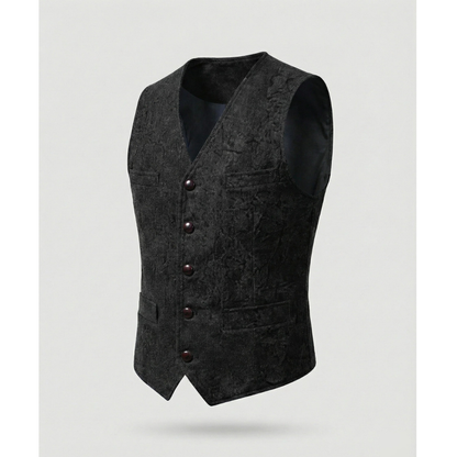Black version of the waistcoat shown on its own, with V-neck, five dark buttons, flap pockets and mottled crinkled texture. 6