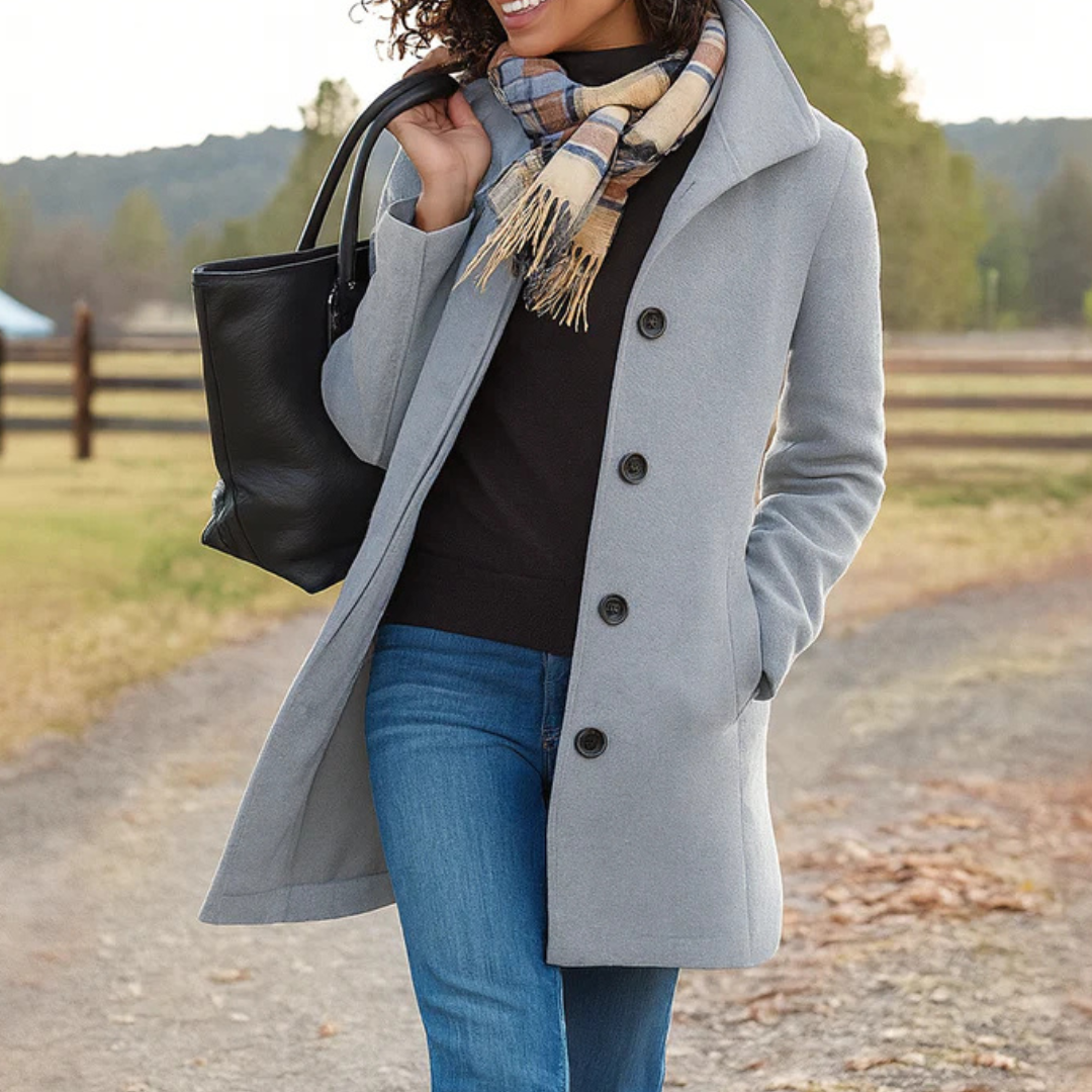 Light grey version of the coat on a model, fastened with dark buttons, worn with jeans, scarf and black tote outdoors. 4