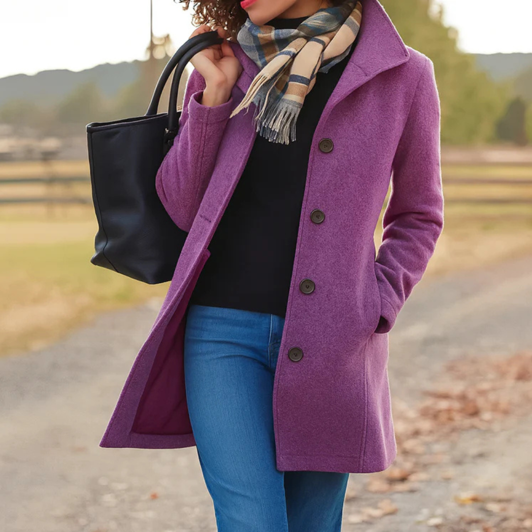 Purple version of the coat showing a matching lining, worn over a black top and jeans with a checked scarf. 5