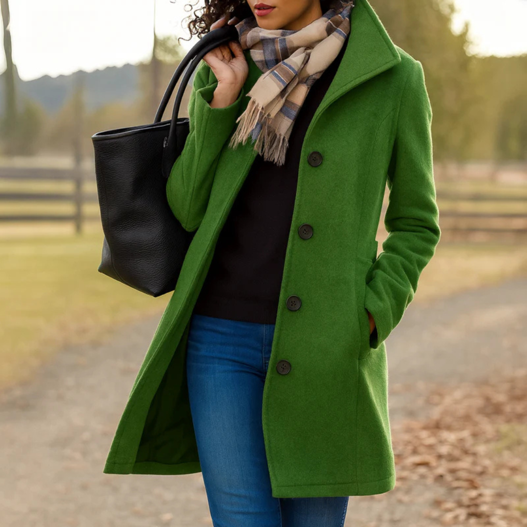 Dark green version of the coat with a high collar, worn with a black top, jeans, checked scarf and tote bag. 6