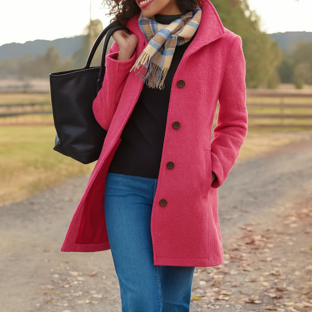 Pink version of the coat showing a red lining, worn with a black top, jeans and checked scarf outdoors. 9