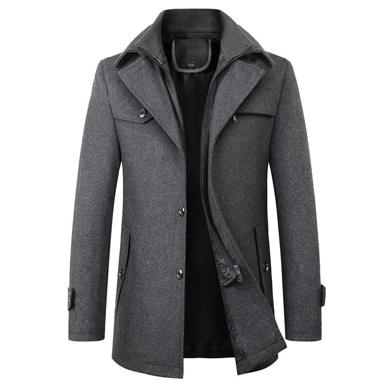 Front view of the grey version, showing the zip-through inner layer under the notched lapels 2
