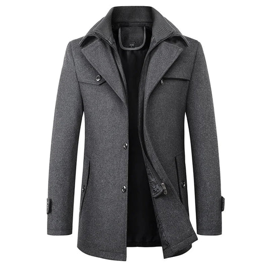 Front view of the grey version, showing the zip-through inner layer under the notched lapels 2