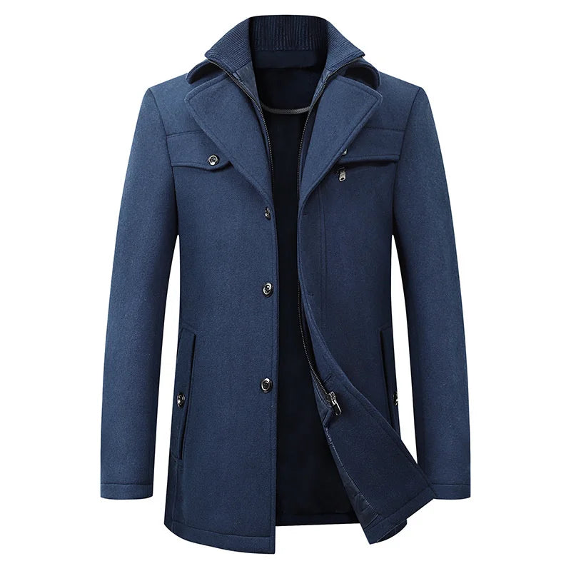 Front view of the blue version, buttoned placket and zip pockets with the inner layer visible 3