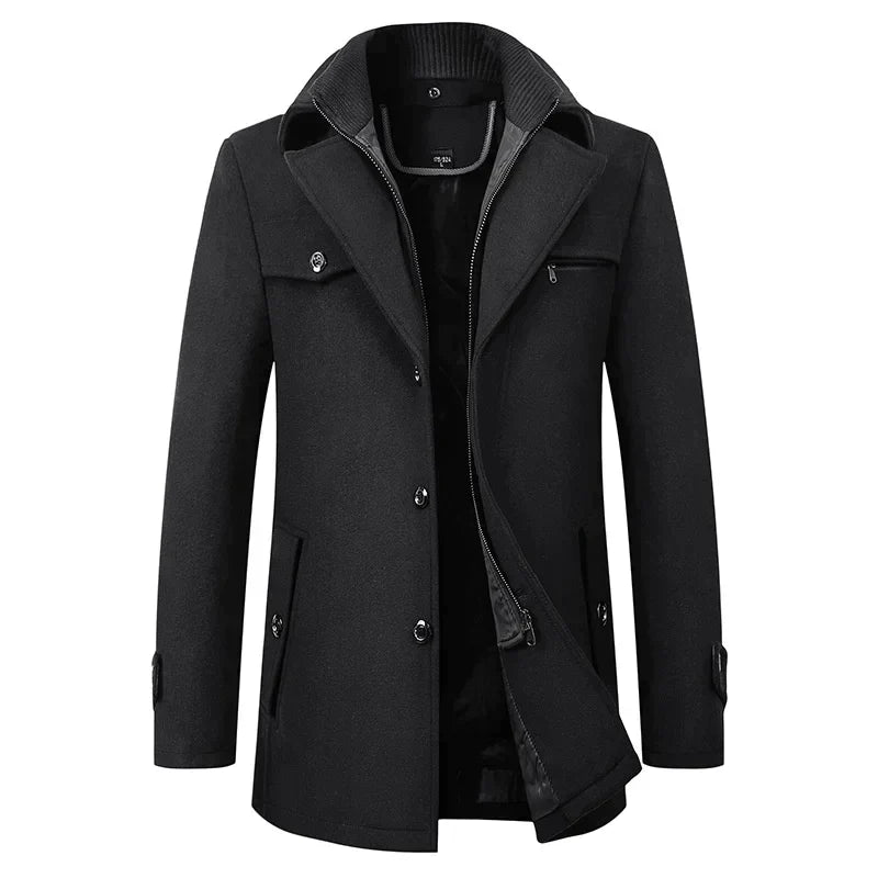 Front view of the black wool-style coat with buttons, chest zip pocket and knitted inner collar 1