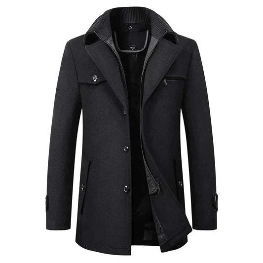 Front view of the black wool-style coat with buttons, chest zip pocket and knitted inner collar 1