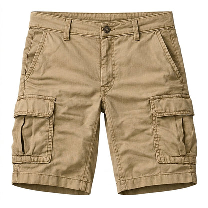 Sand-coloured cargo shorts laid flat, front view, showing button waistband, slanted front pockets and two large flap pockets on the thighs. 1