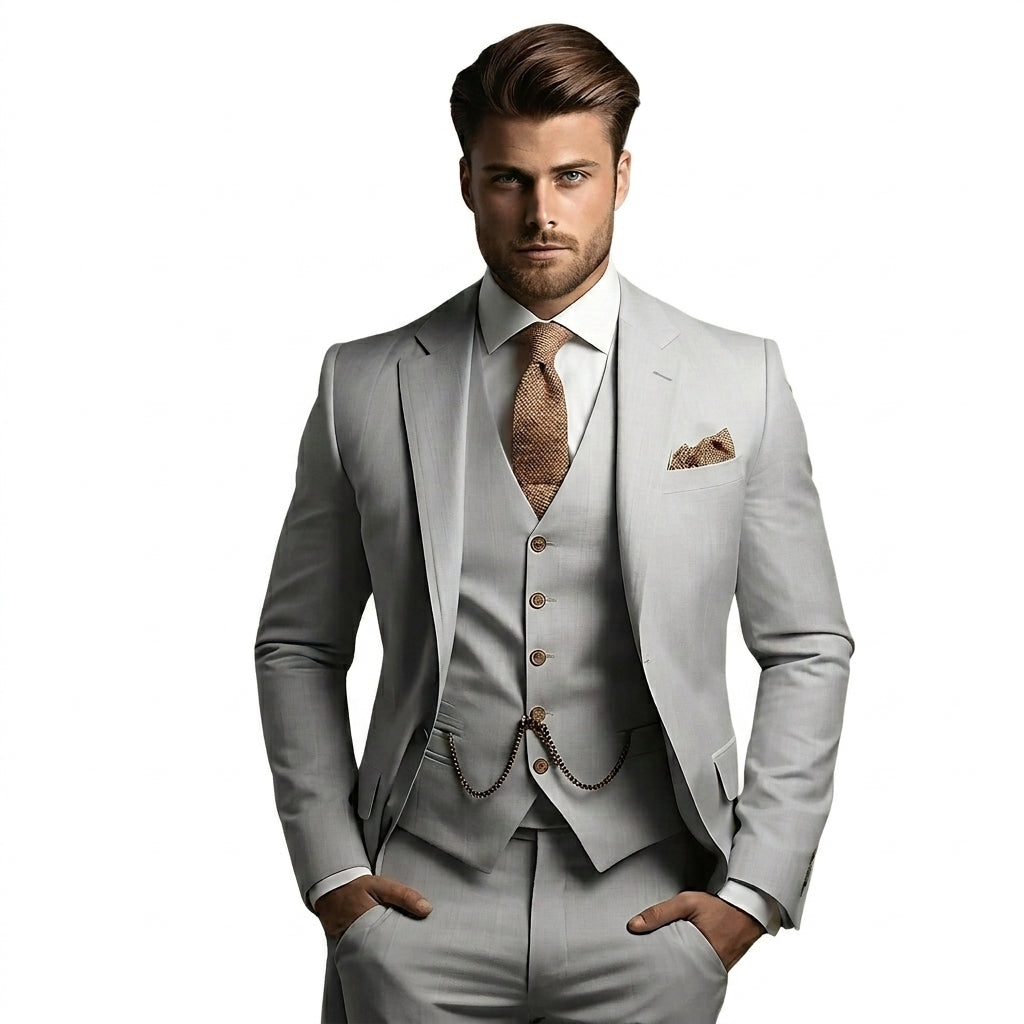Model in the light grey three-piece suit with waistcoat and chain, white shirt, brown textured tie and matching pocket square. 3