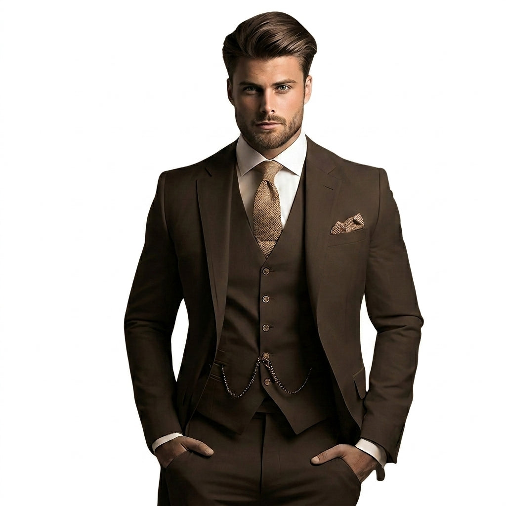 Model in the dark brown three-piece suit with buttoned waistcoat and chain, white shirt and a lighter brown tie. 4