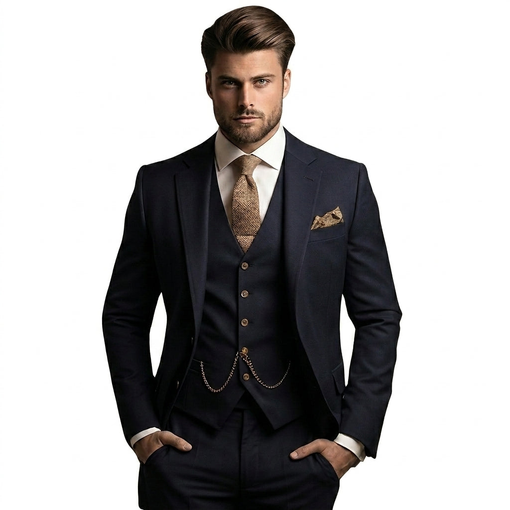 Model in the navy three-piece suit with matching waistcoat and chain, white shirt and a tan textured tie, hands in pockets. 1
