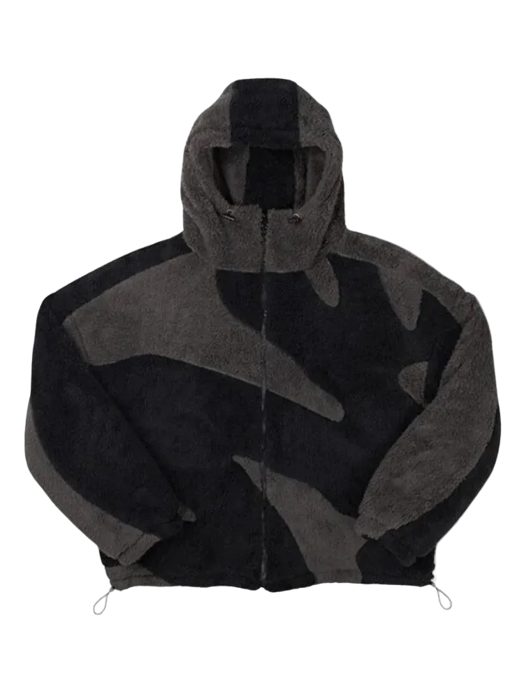 Front view of a zip-up fleece hooded jacket in black and charcoal grey with large panels 1
