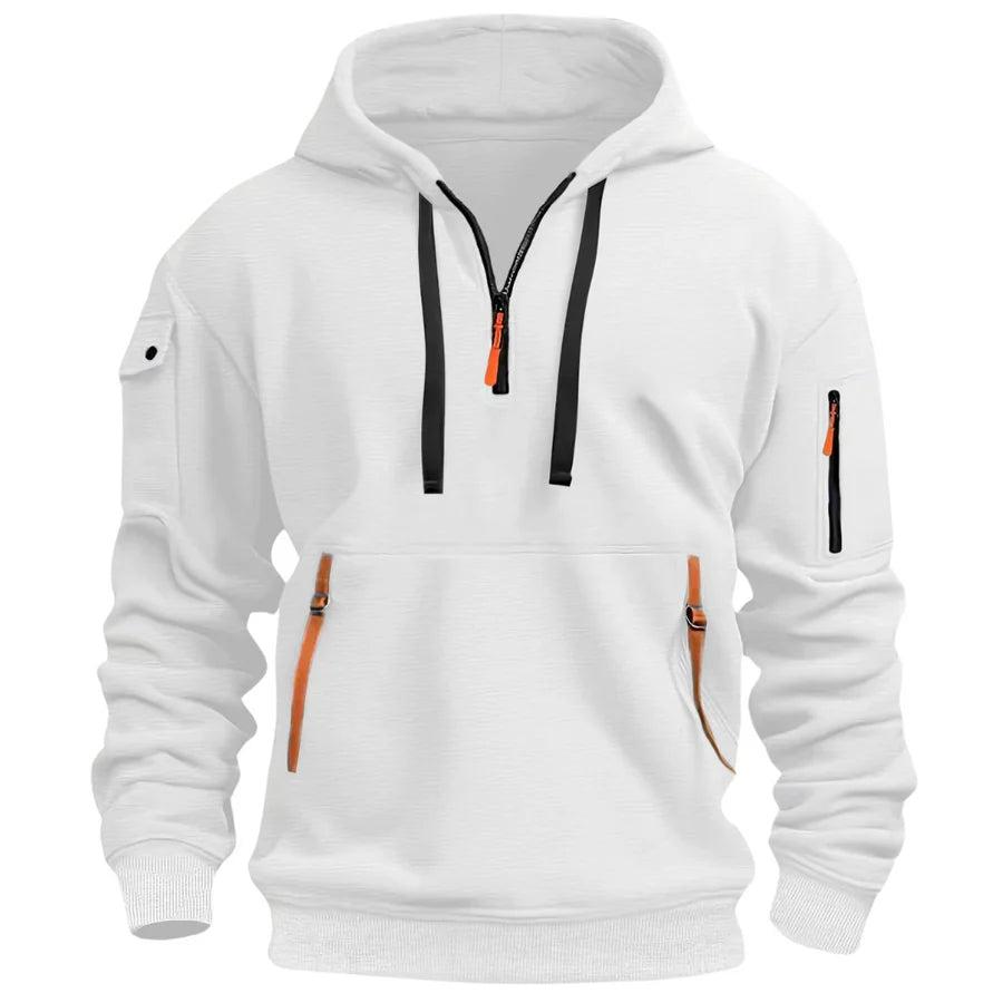 Front view of the white quarter-zip hoodie with black drawstrings and orange pocket zip tapes 6
