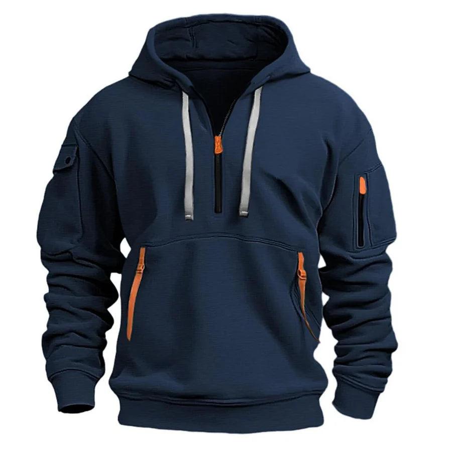Front view of the navy quarter-zip hoodie with grey drawstrings and orange zip pulls 1