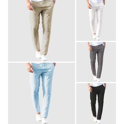 Collage of five models showing the trousers in beige, white, grey, light blue and black, each with a white T-shirt. 7
