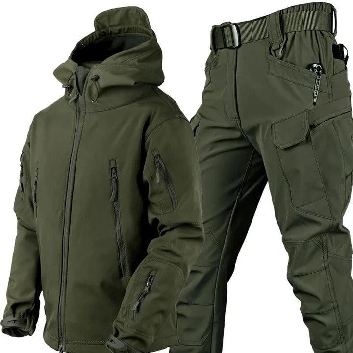 Olive green hooded jacket with zipped chest and sleeve pockets beside matching cargo trousers with belt and large thigh pocket. 1