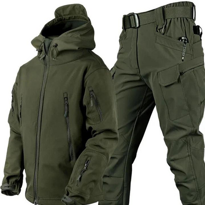 Olive green hooded jacket with zipped chest and sleeve pockets beside matching cargo trousers with belt and large thigh pocket. 1