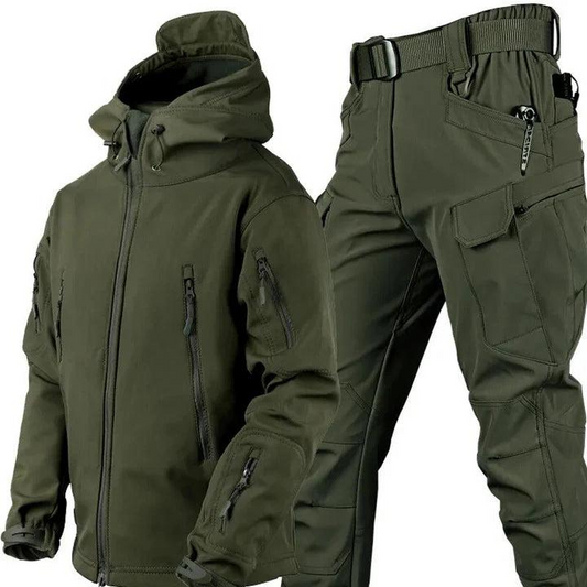 Olive green hooded jacket with zipped chest and sleeve pockets beside matching cargo trousers with belt and large thigh pocket. 1