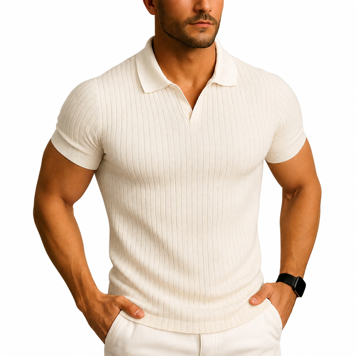 Cream ribbed knit polo with open V-neck collar, worn by a man with hands in pockets against a plain white background. 1