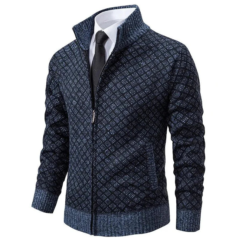 Navy and blue diamond-knit zip cardigan with a stand collar, shown over a white shirt and tie 3