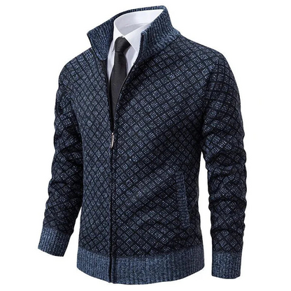 Navy and blue diamond-knit zip cardigan with a stand collar, shown over a white shirt and tie 3